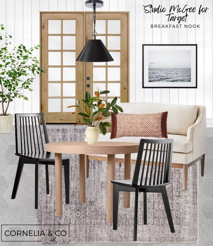 Mood Board featuring breakfast nook furniture and decor from Studio McGee
