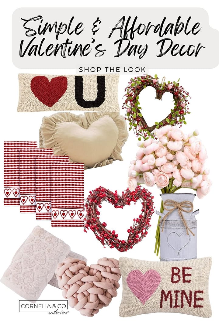 simple ways to decorate for valentines day using heart pillows, towels, faux florals, wreaths