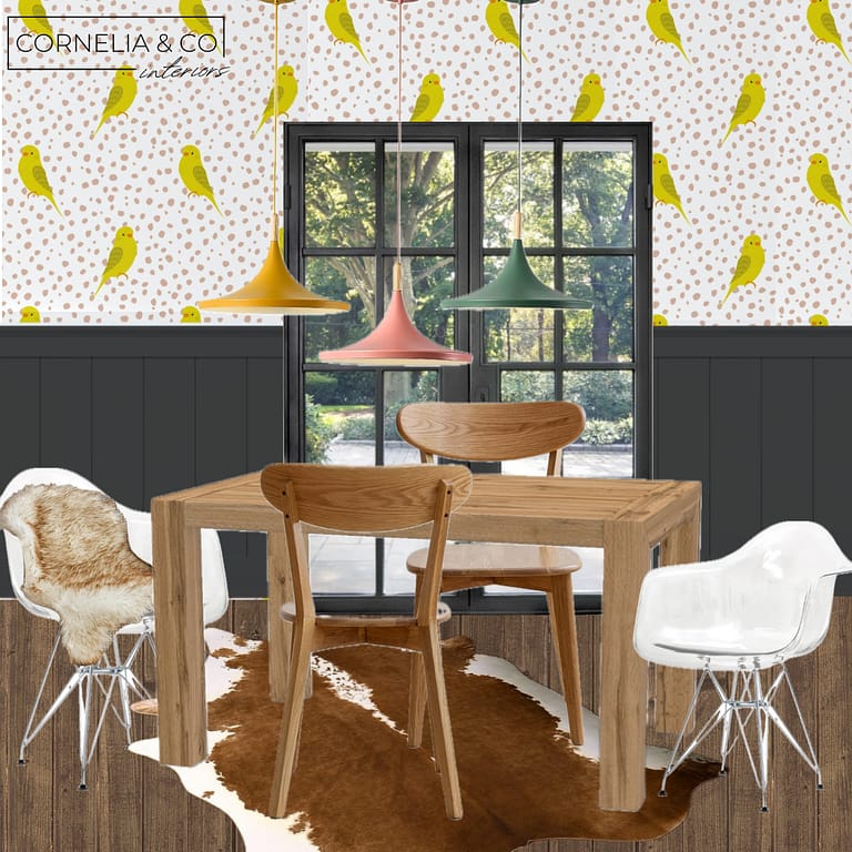 a quirky eclectic dining room mood board with bold bird wallpaper and colorful metal pendant lights