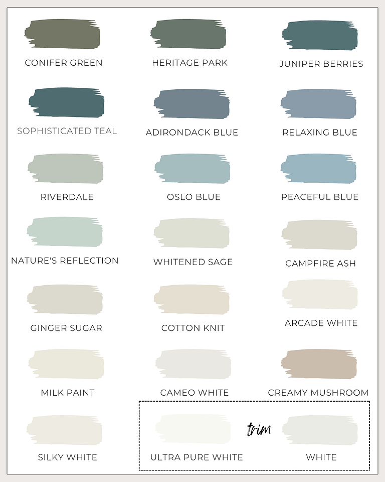 Behr paint colors in soothing colors of blue, green, beige, and white