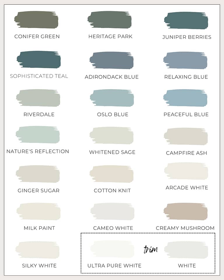 Behr paint colors in soothing colors of blue, green, beige, and white