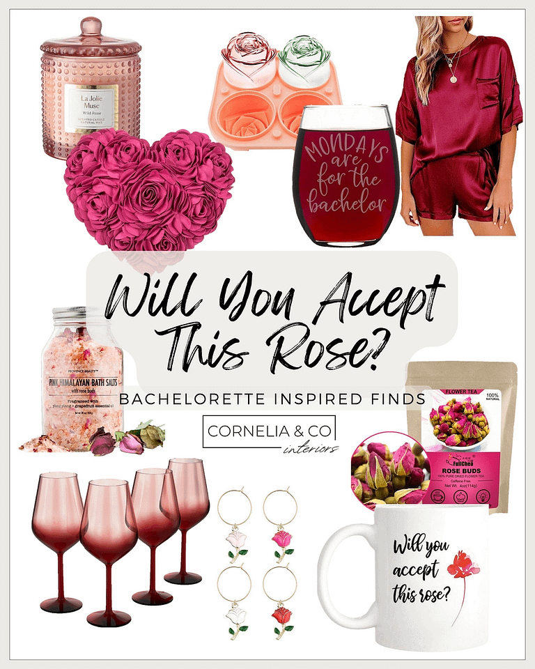 A mood board with rose theme home and kitchen items inspired by the bachelorette