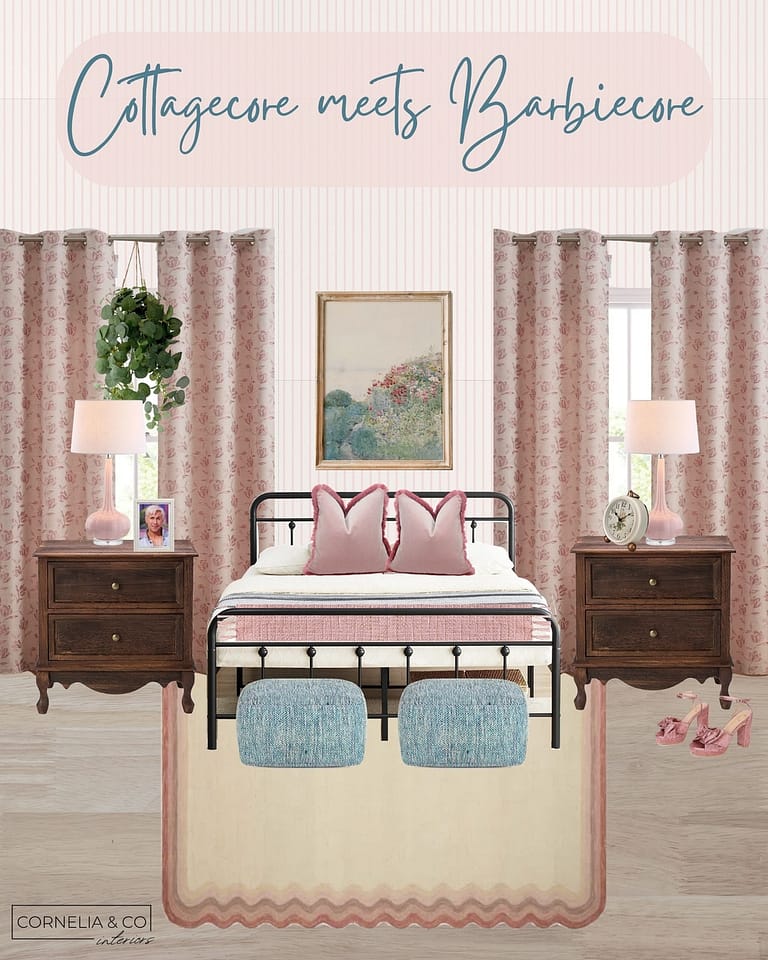 a bedroom mood board with light pink accents and vintage furniture for a barbiecore meets cottagecore aesthetic