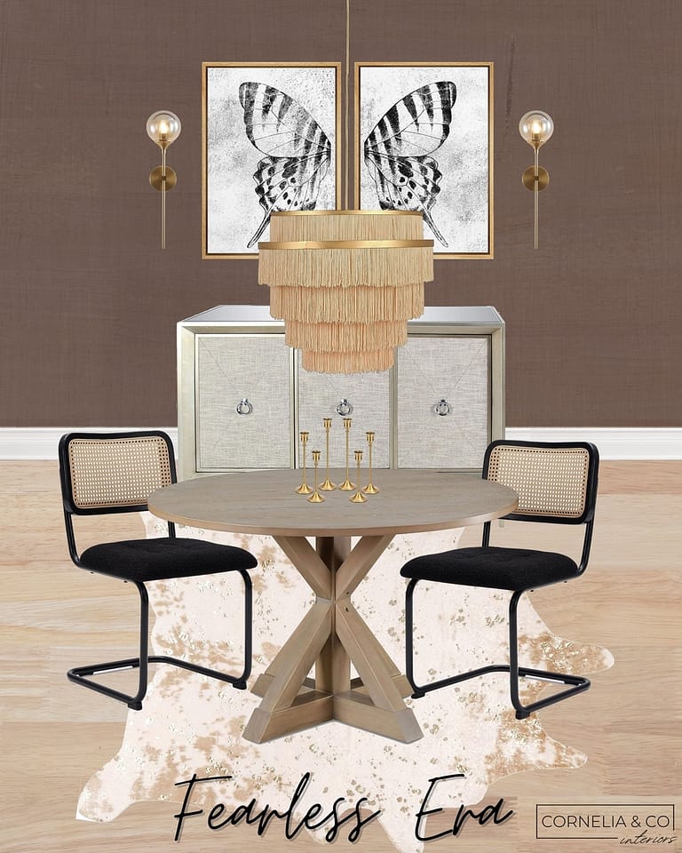 a moodboard of a dining room based on taylor swift's fearless era with fringe chandelier, butterfly art, and mirrored sideboard