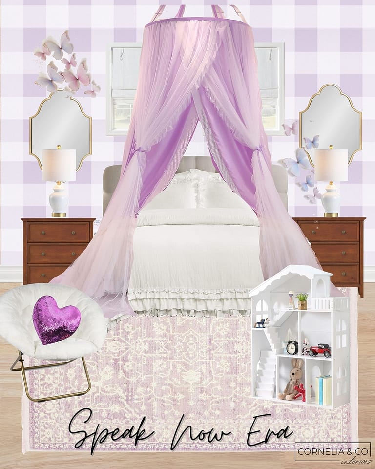 A girls room based on taylor swift speak now album with princess fairy theme