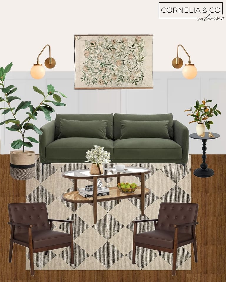 a Living room with William Morris botanical art, a green couch, and checkered rug