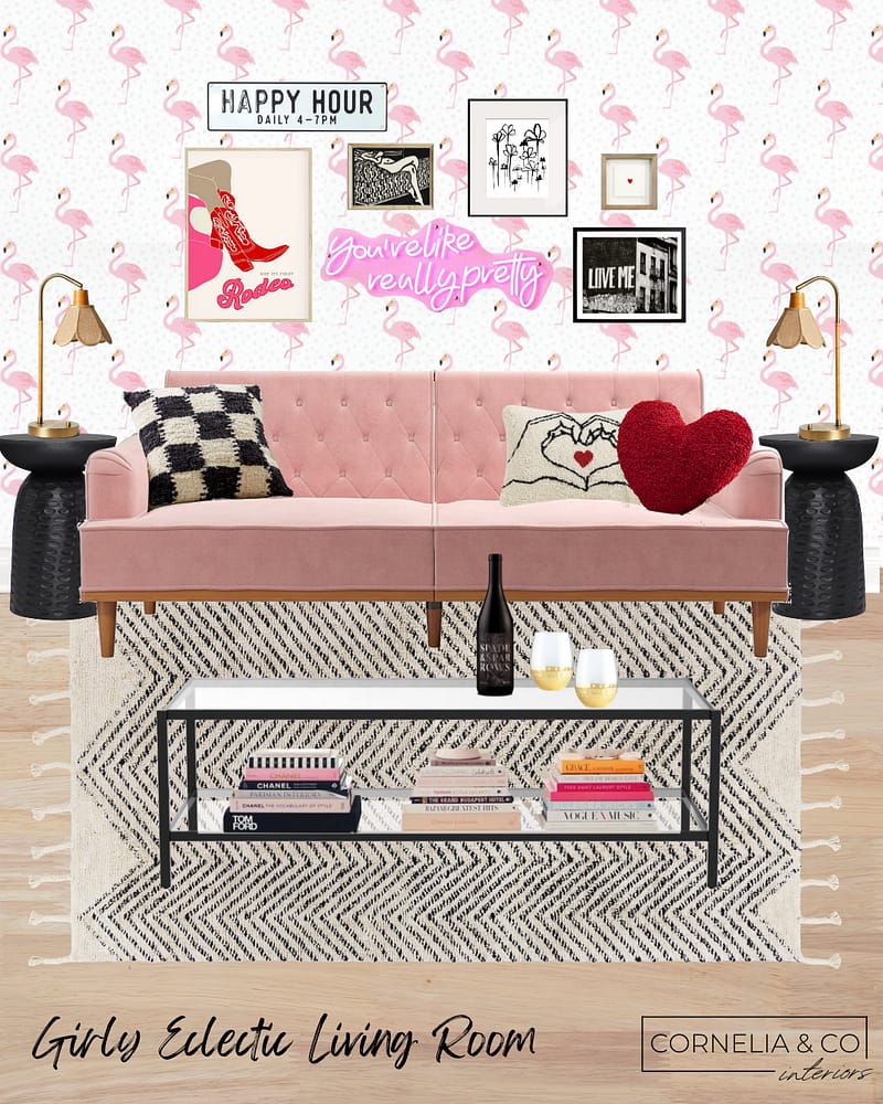 Mood board of girly pink and red bold living room
