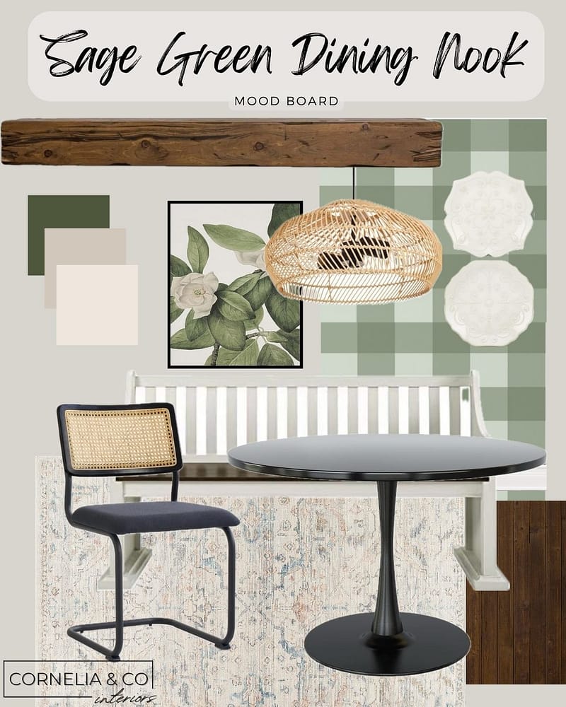 a dining nook mood board with sage green neutral palette and gingham wallpaper